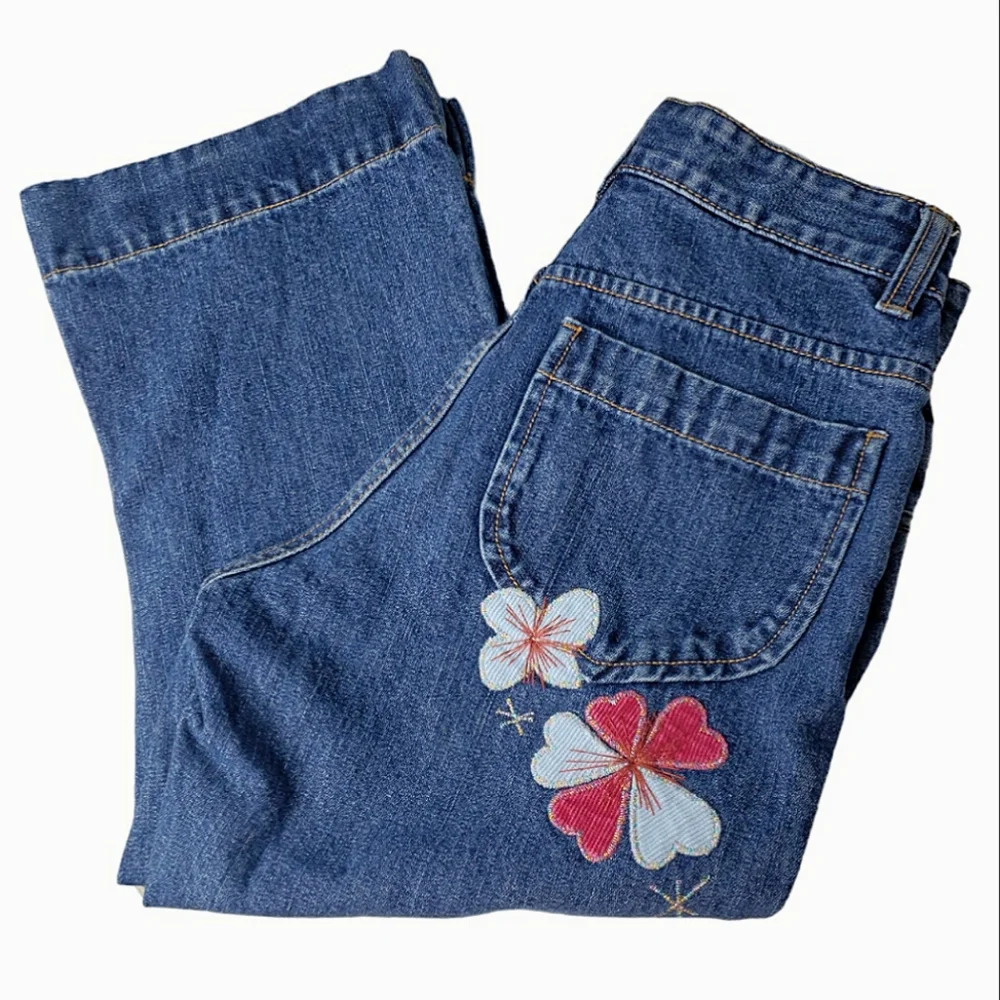 Vintage Gap Kids Cotton Applique Embroidered Bling Girls Denim Capri Jeans Sz 10